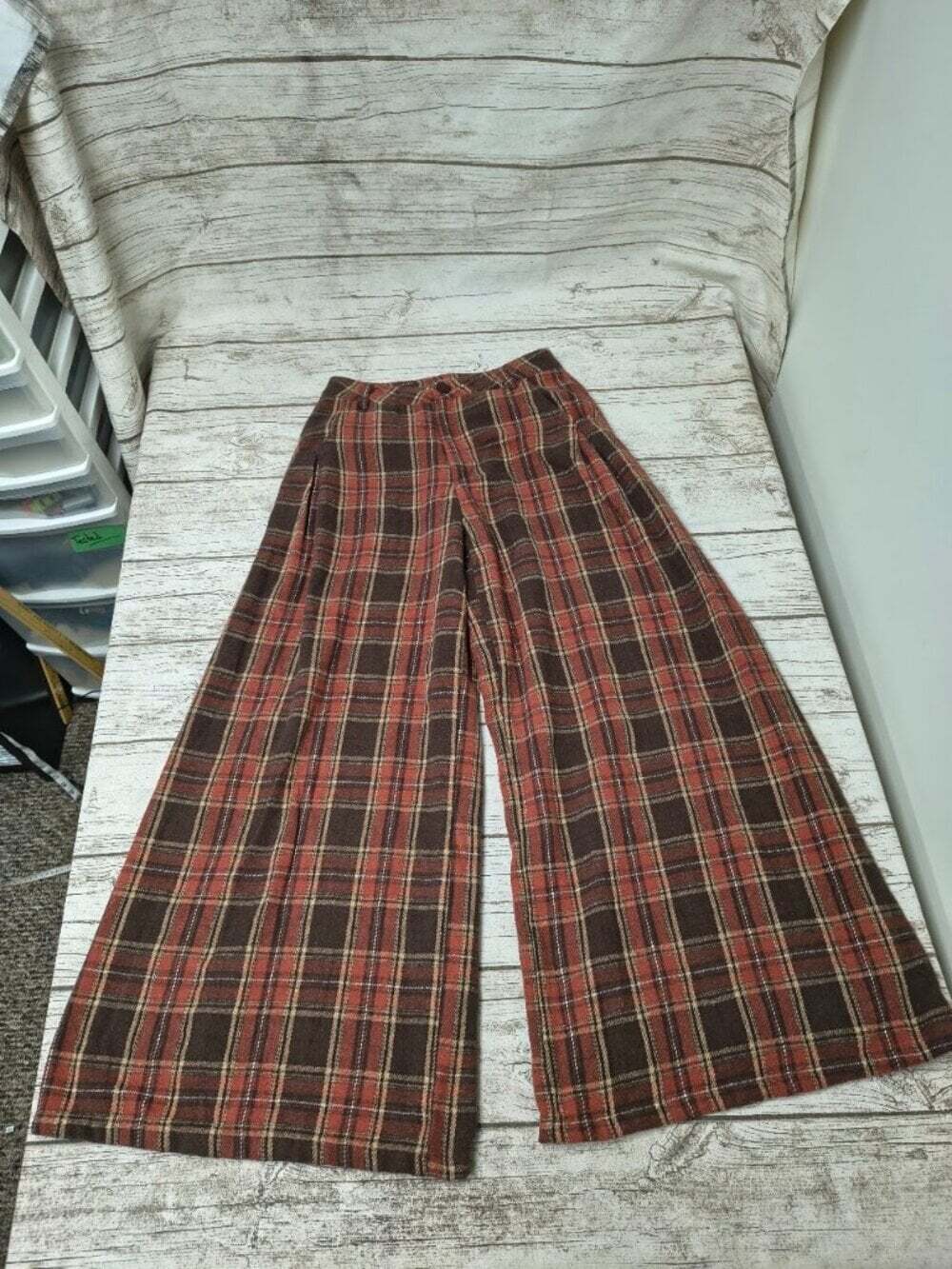 Cider Ultra Wide Leg Orange and Brown Plaid Trousers Size Small